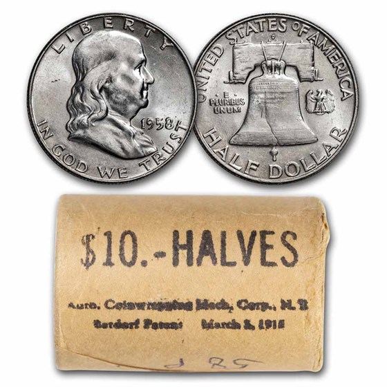 1958 Franklin Half Dollar 20-Coin Roll BU (Bank Wrapped) 1958 Franklin Half Dollar 20-Coin Roll BU (Bank Wrapped)