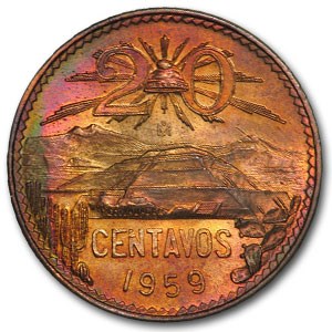 1959 Mexico 20 Centavos Pyramid BU (Red) 1959 Mexico 20 Centavos Pyramid BU (Red)