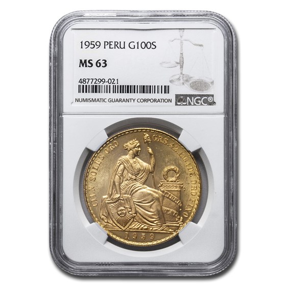 1959 Peru Gold 100 Soles Liberty MS-63 NGC 1959 Peru Gold 100 Soles Liberty MS-63 NGC
