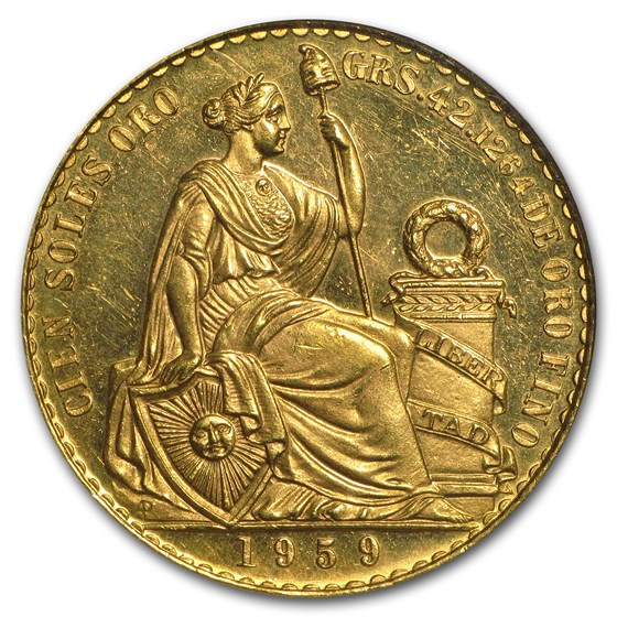 1959 Peru Gold 100 Soles Liberty MS-64 NGC 1959 Peru Gold 100 Soles Liberty MS-64 NGC