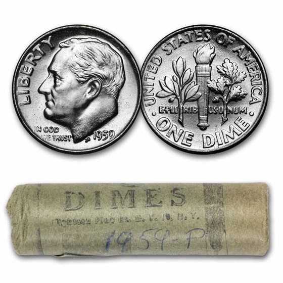 1959 Roosevelt Dime 50-Coin Roll BU (Bank Wrapped)