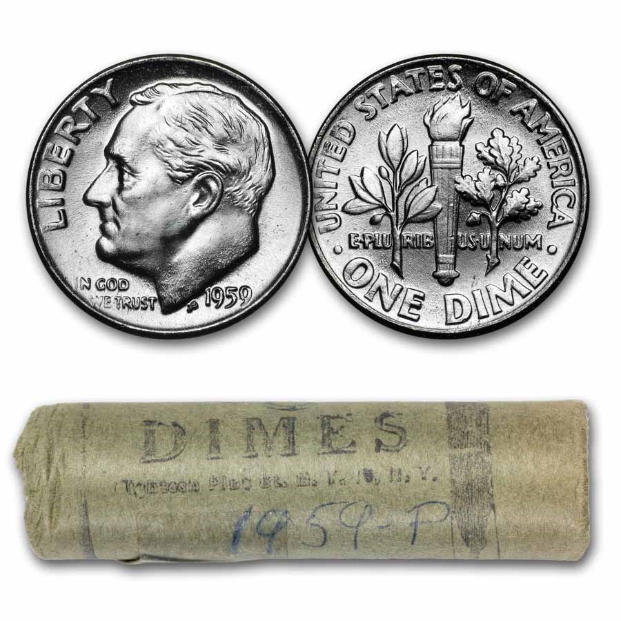 1959 Roosevelt Dime 50-Coin Roll BU (Bank Wrapped)