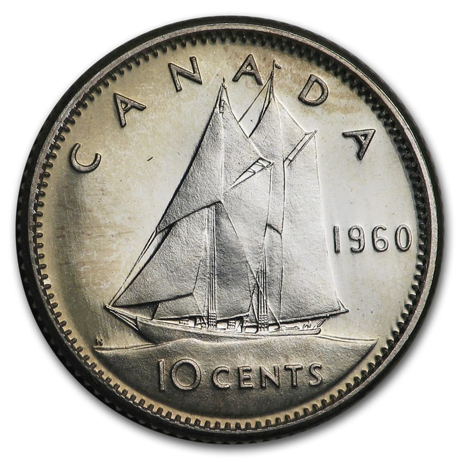 1960 Canada Silver 10 Cents Bluenose Sailboat BU/Prooflike