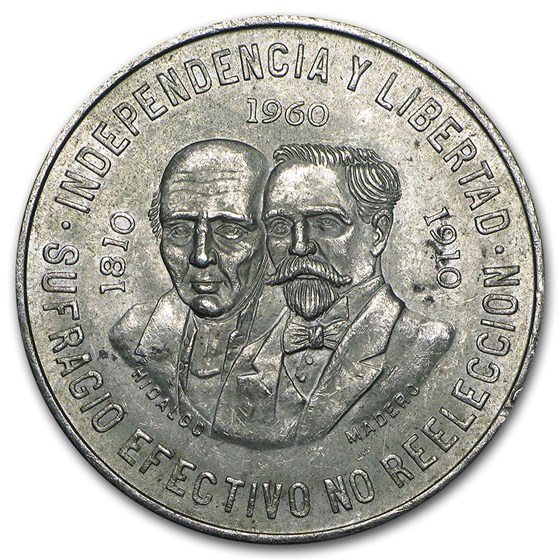 1960 Mexico Silver 10 Pesos 150th Anniversary Avg Circ 1960 Mexico Silver 10 Pesos 150th Anniversary Avg Circ