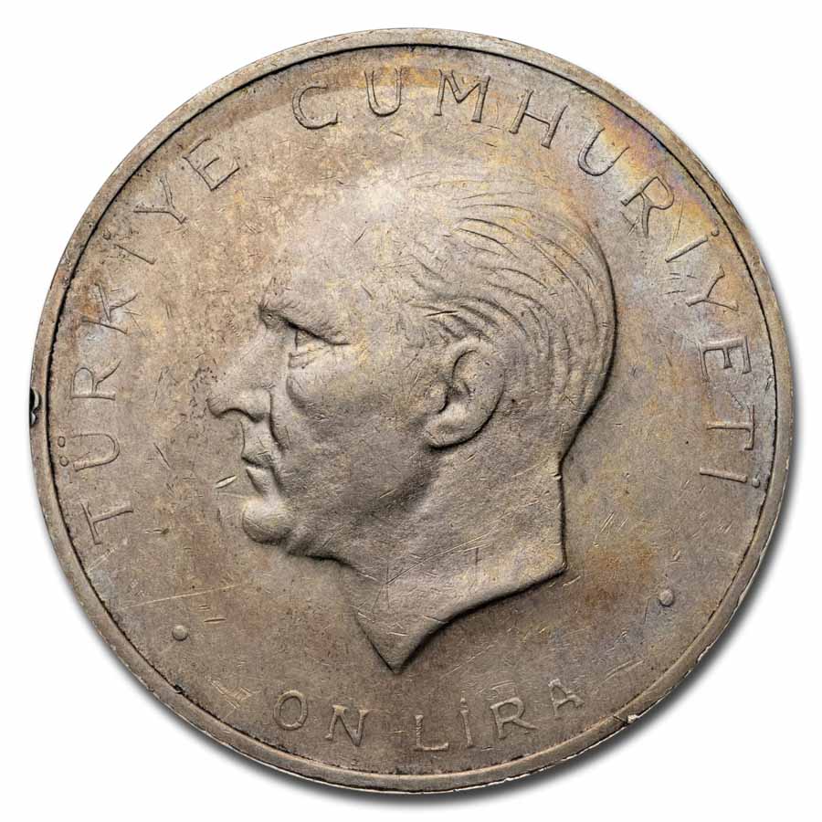 1960年 トルコ銀貨 10リラ アタテュルク革命記念銀貨 silver830 1960 Turkey Silver 10 Lira Avg Circ