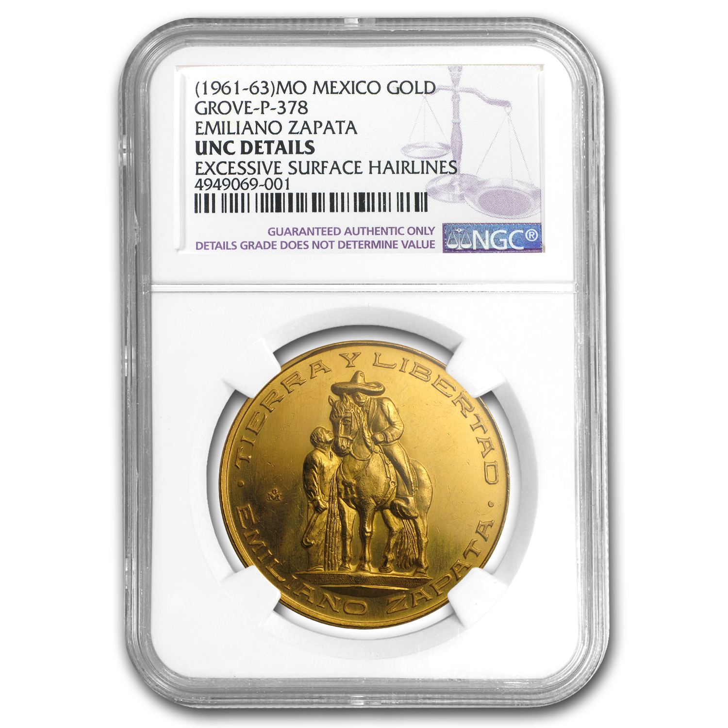 Buy (1961-63) Mexico Gold Emiliano Zapata Medal Unc Details NGC