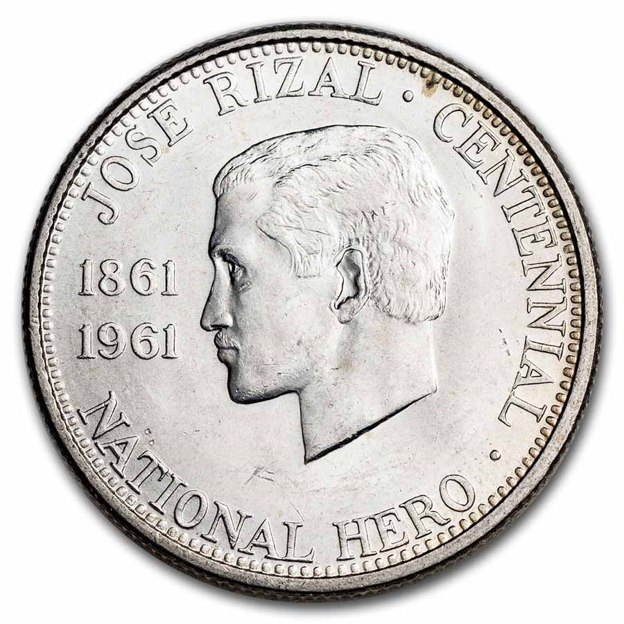 1961 Philippines Silver 1/2 Peso Dr. Jose Rizal Centennial BU
