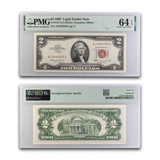 1963 $2.00 U.S. Note Red Seal CU-64 EPQ PMG (Fr#1513) 1963 $2.00 U.S. Note Red Seal CU-64 EPQ PMG (Fr#1513)