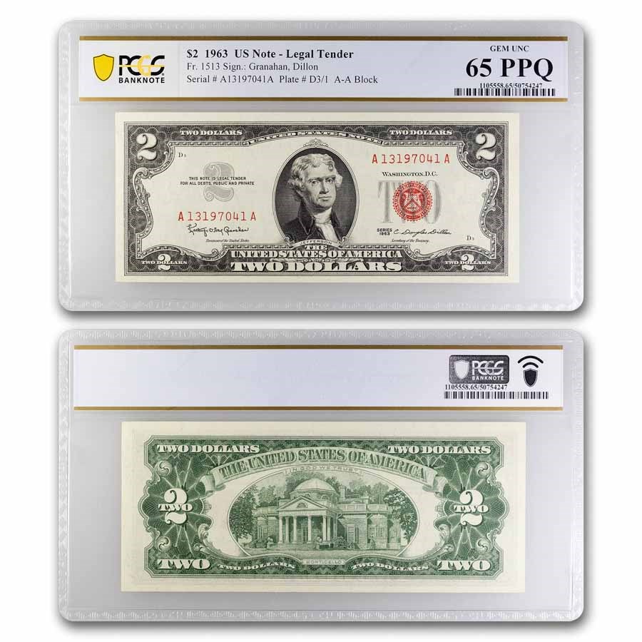 1963 $2.00 U.S. Note Red Seal CU-65 PPQ PCGS (Fr#1513)