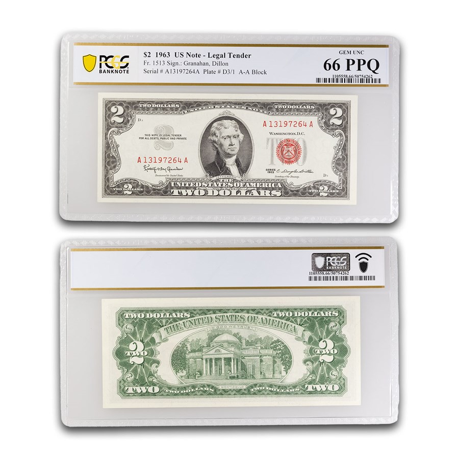 1963 $2.00 U.S. Note Red Seal CU-66 PPQ PCGS (Fr#1513)