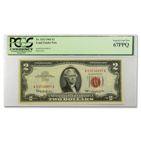 1963 $2.00 U.S. Note Red Seal Superb New CU-67 PPQ PCGS (Fr#1513) 1963 $2.00 U.S. Note Red Seal Superb New CU-67 PPQ PCGS (Fr#1513)