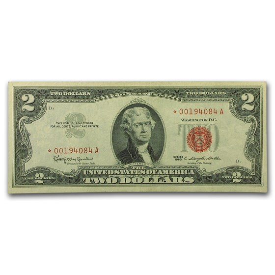 1963* $2.00 U.S. Notes Red Seal AU (Fr#1513*) Star Note 1963* $2.00 U.S. Notes Red Seal AU (Fr#1513*) Star Note