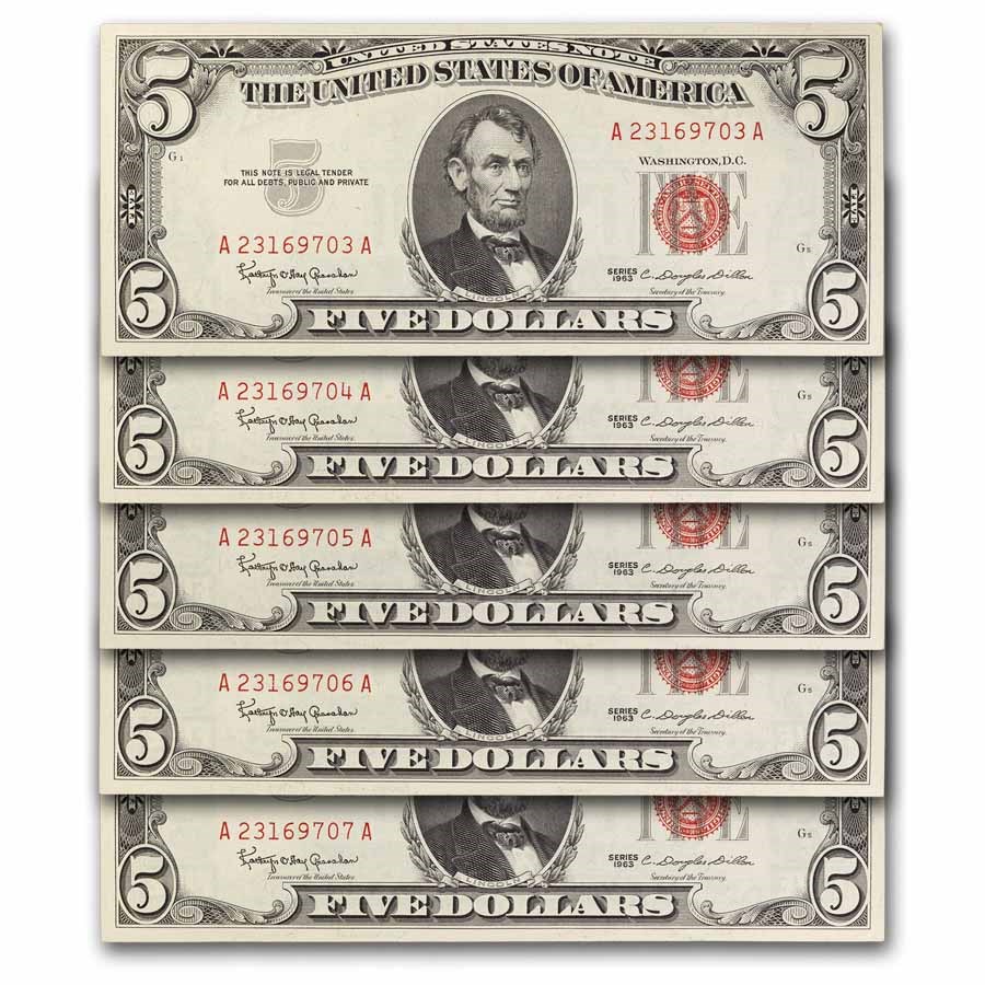 1963 $5.00 U.S. Note Red Seal CCU (Fr#1536) 15 Consecutive