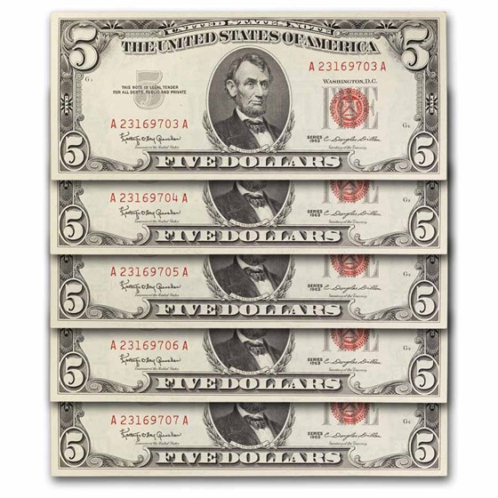 1963 $5.00 U.S. Note Red Seal CCU (Fr#1536) 15 Consecutive 1963 $5.00 U.S. Note Red Seal CCU (Fr#1536) 15 Consecutive