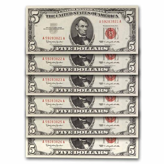 1963 $5.00 U.S. Note Red Seal CCU (Fr#1536) 5 Consecutive