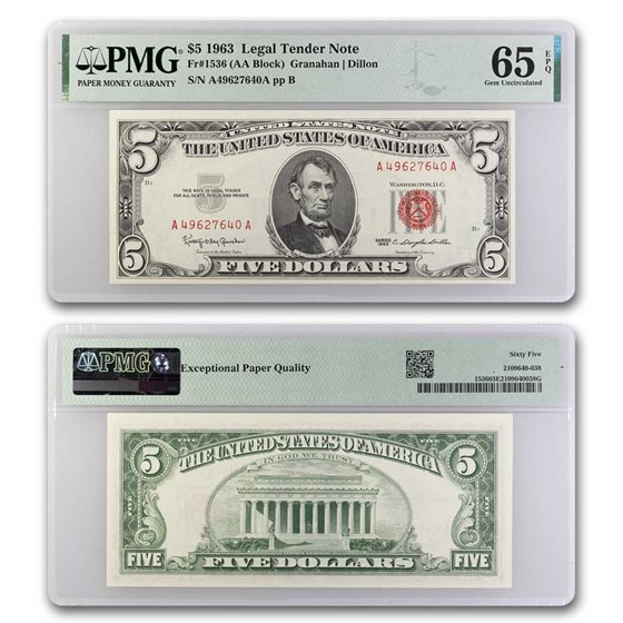 1963 $5.00 U.S. Note Red Seal CU-65 EPQ PMG (Fr#1536) 1963 $5.00 U.S. Note Red Seal CU-65 EPQ PMG (Fr#1536)