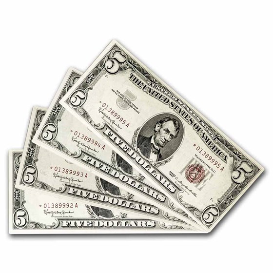 1963* $5.00 U.S. Note Red Seal CU (Fr#1536*) Star Note 4 Consec 1963* $5.00 U.S. Note Red Seal CU (Fr#1536*) Star Note 4 Consec