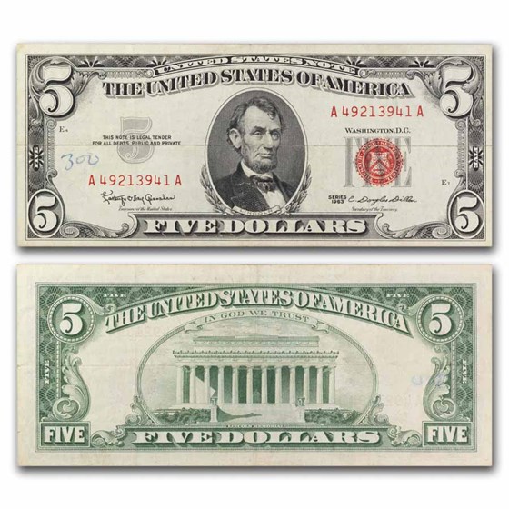 1963 $5.00 U.S. Note Red Seal Cull/Good (Fr#1536) 1963 $5.00 U.S. Note Red Seal Cull/Good (Fr#1536)