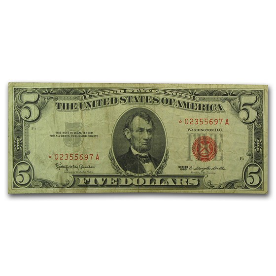 1963* $5.00 U.S. Note Red Seal Fine (Fr#1536*) Star Note 1963* $5.00 U.S. Note Red Seal Fine (Fr#1536*) Star Note