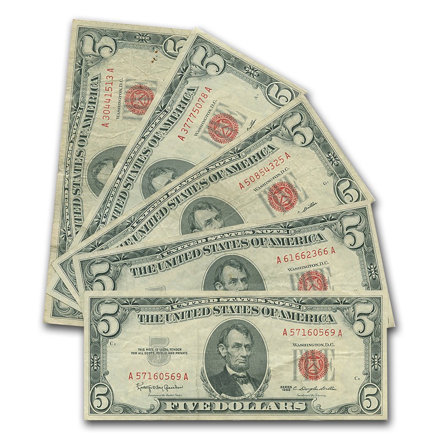 1963 $5.00 U.S. Note Red Seal VG/VF (Fr#1536) Lot of 5