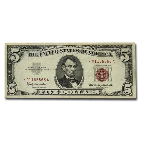 1963* $5.00 U.S. Note Red Seal VG/VF (Fr#1536*) Star Note 1963* $5.00 U.S. Note Red Seal VG/VF (Fr#1536*) Star Note