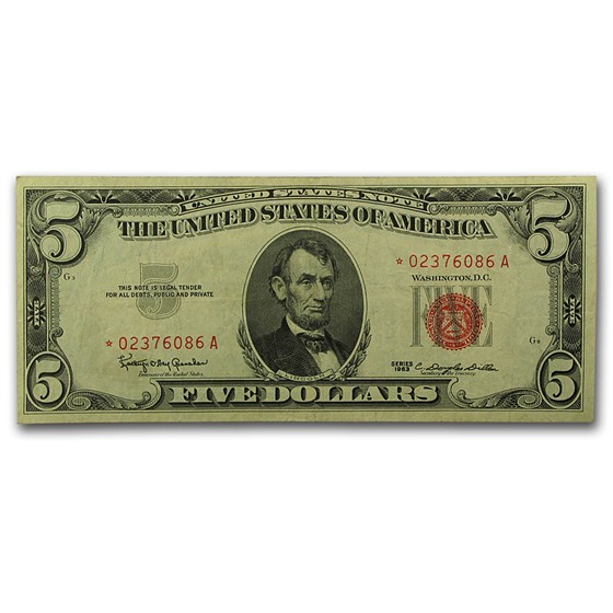 1963* $5.00 U.S. Note Red Seal XF (Fr#1536*) Star Note 1963* $5.00 U.S. Note Red Seal XF (Fr#1536*) Star Note