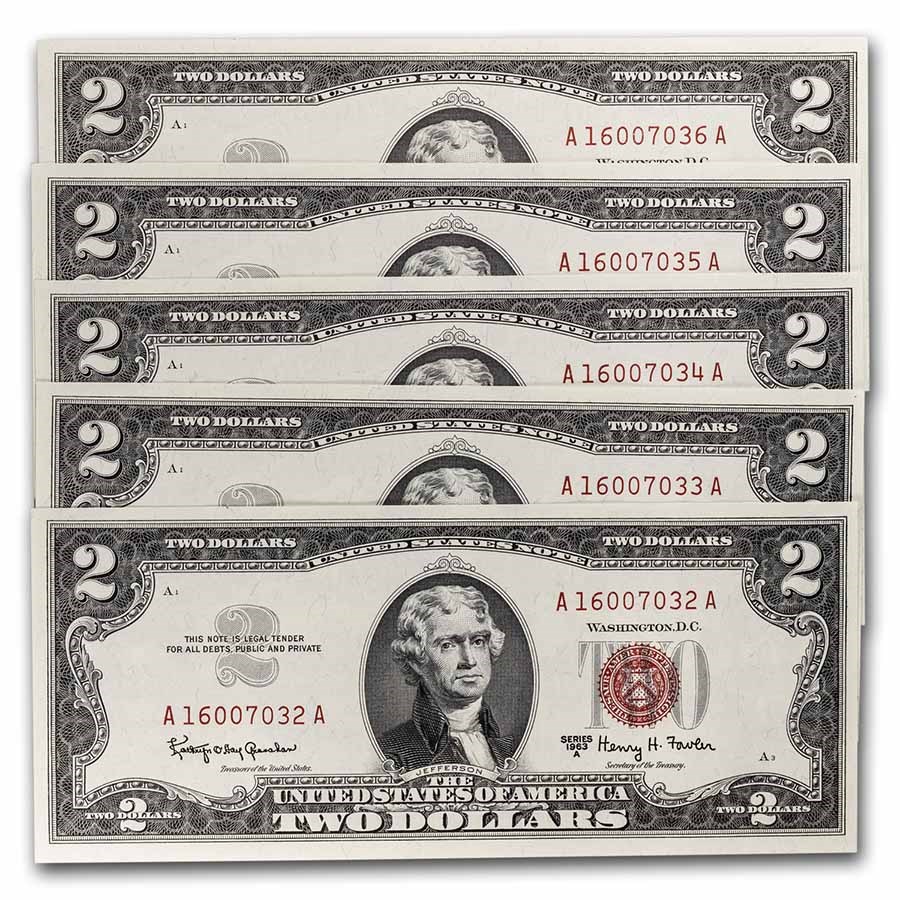 1963-A $2.00 U.S. Note Red Seal CCU (Fr#1514) 5 Consecutive