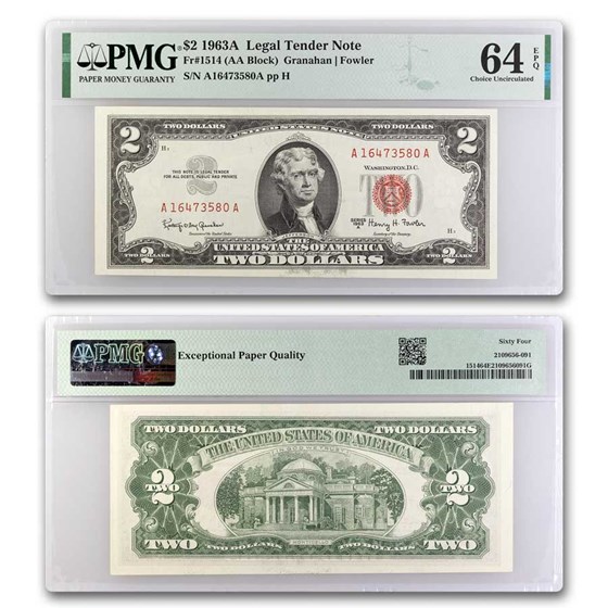 1963-A $2.00 U.S. Note Red Seal CU-64 EPQ PMG (Fr#1514) 1963-A $2.00 U.S. Note Red Seal CU-64 EPQ PMG (Fr#1514)