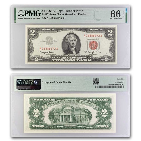 1963-A $2.00 U.S. Note Red Seal CU-66 EPQ PMG (Fr#1514) 1963-A $2.00 U.S. Note Red Seal CU-66 EPQ PMG (Fr#1514)