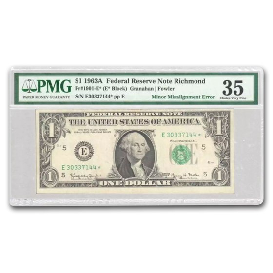 1963-A* (E-Richmond) $1 FRN VF-35 PMG (Fr#1901-E*) Misalignment 1963-A* (E-Richmond) $1 FRN VF-35 PMG (Fr#1901-E*) Misalignment
