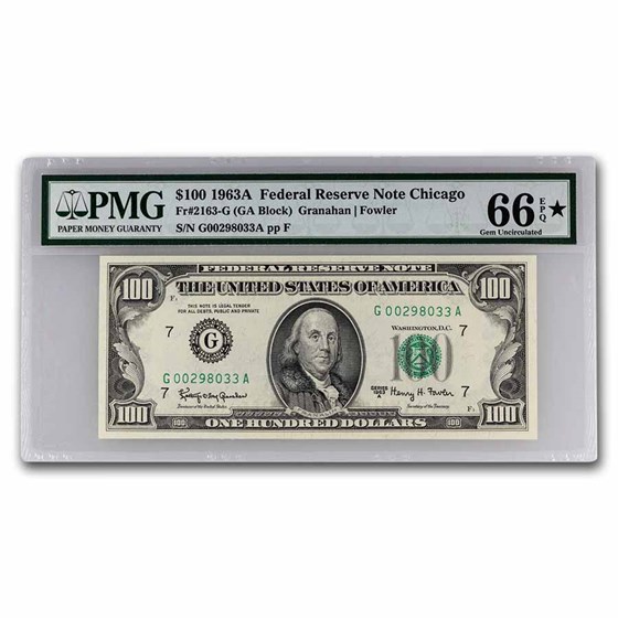 1963-A (G-Chicago) $100 FRN Gem CU-66 EPQ * PMG (Fr#2163-G) 1963-A (G-Chicago) $100 FRN Gem CU-66 EPQ * PMG (Fr#2163-G)