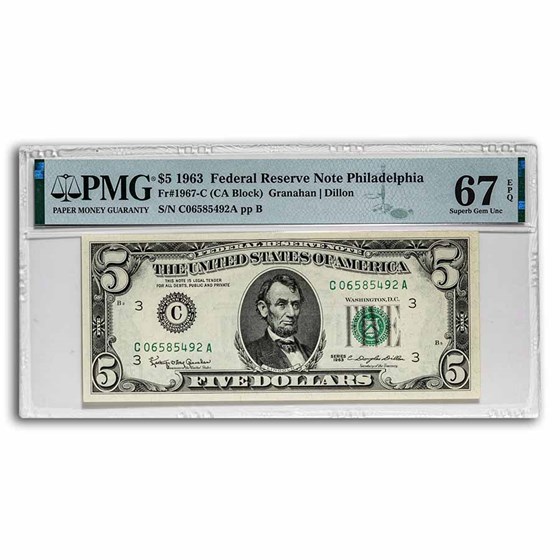 1963 (C-Philadelphia) $5.00 FRN Gem CU-67 EPQ PMG (Fr#1967-C) 1963 (C-Philadelphia) $5.00 FRN Gem CU-67 EPQ PMG (Fr#1967-C)
