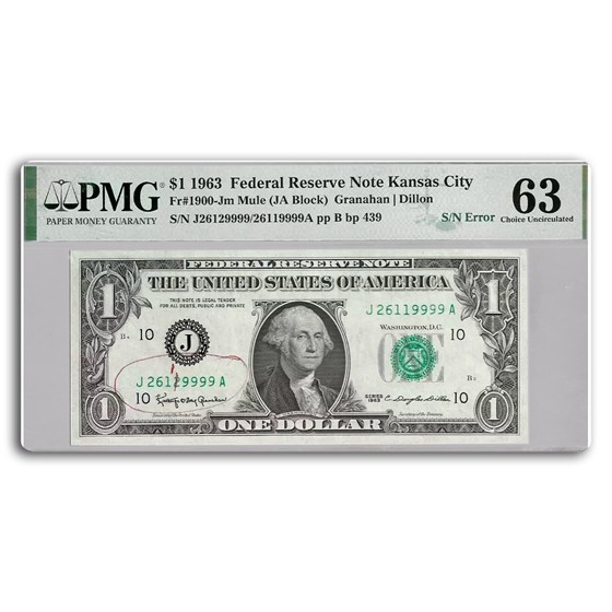 1963 (J-Kansas City) $1.00 FRN CU-63 PMG (Fr#1900-J) Mule ERROR 1963 (J-Kansas City) $1.00 FRN CU-63 PMG (Fr#1900-J) Mule ERROR