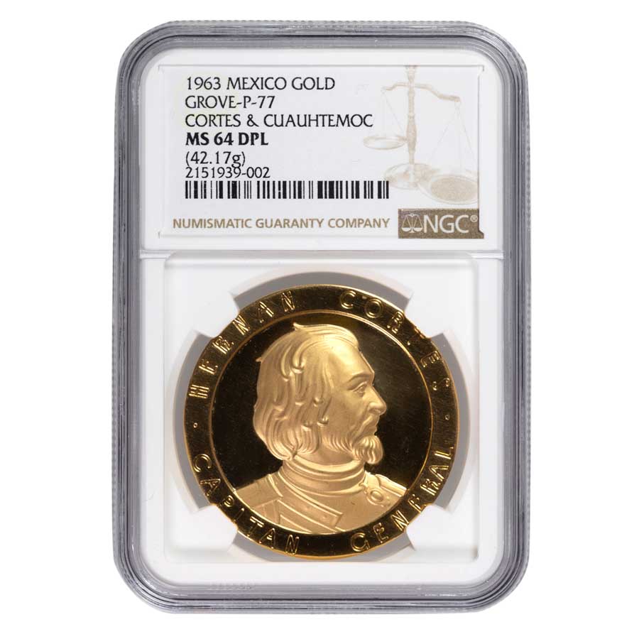 Buy 1963 Mexican Gold 50 Peso Cortez MS-64 DPL NGC | APMEX