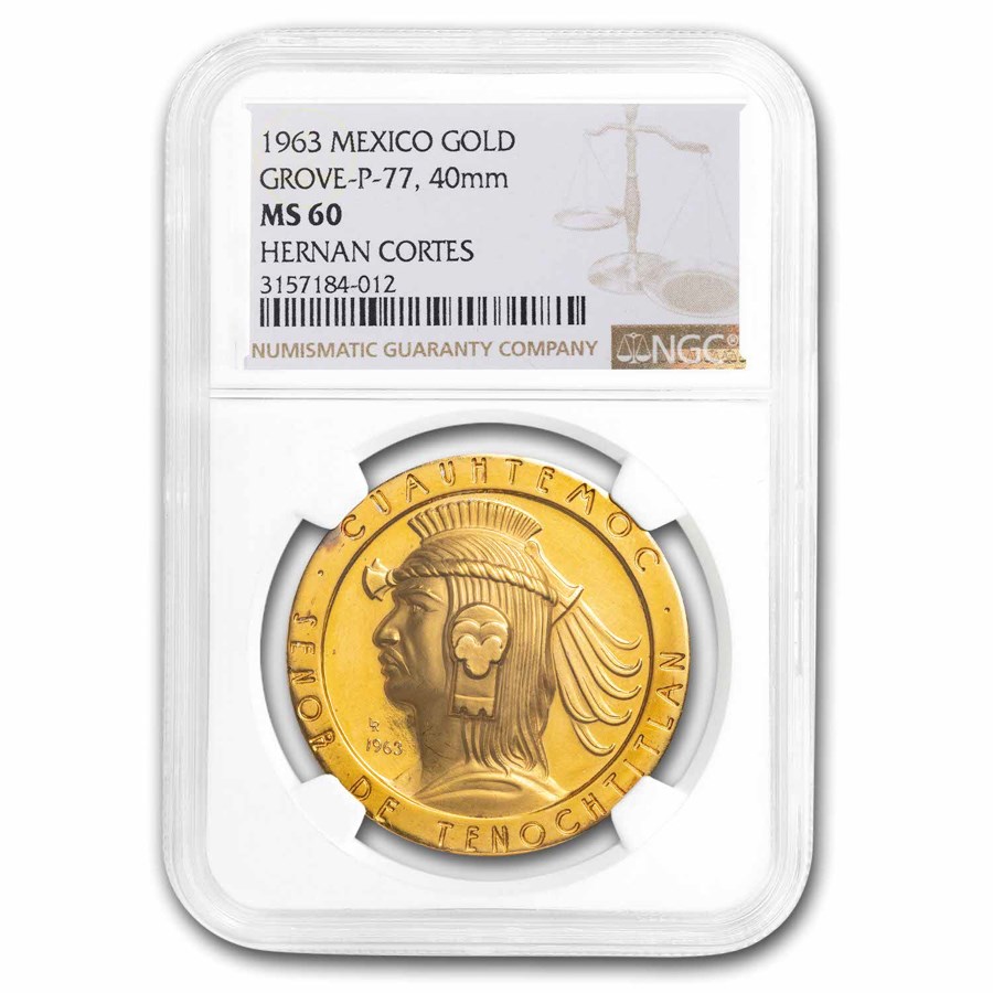 Buy 1963 Mexico Gold Medallic 50 Peso Cortez MS-60 NGC (Grove-P 77) | APMEX