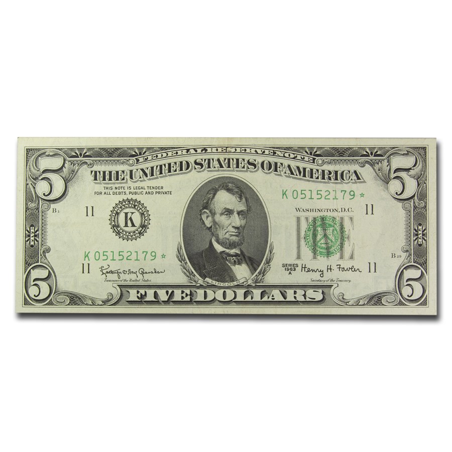 1963s* $5.00 FRN AU (Star Note, Districts of Our Choice)