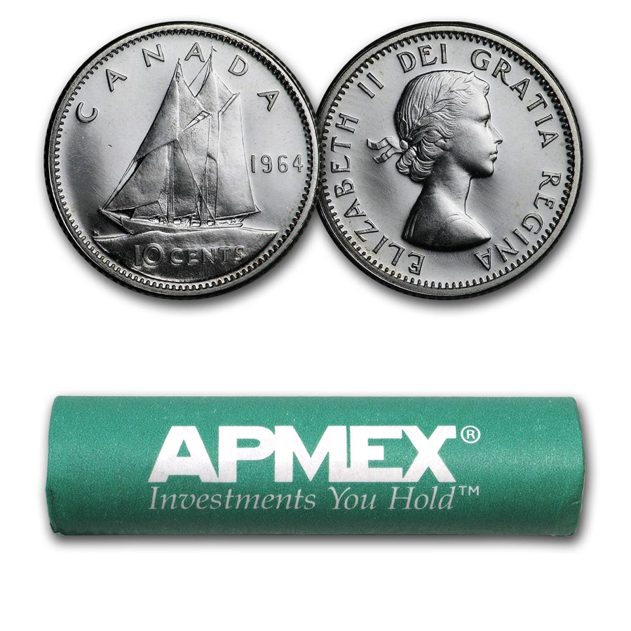 1964 Canada Silver Dimes 50-Coin Roll BU