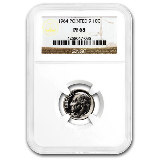 1964 Roosevelt Dime Pointed 9 PF-68 NGC
