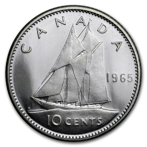 1965 Canada Silver 10 Cents Bluenose Sailboat BU/Prooflike 1965 Canada Silver 10 Cents Bluenose Sailboat BU/Prooflike