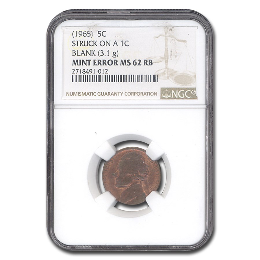(1965) Jefferson Nickel MS-62 NGC (RB, Struck on a 1C Blank)
