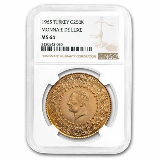 1965 Turkey Gold 250 Kurush Monnaie de Luxe MS-64 NGC 1965 Turkey Gold 250 Kurush Monnaie de Luxe MS-64 NGC