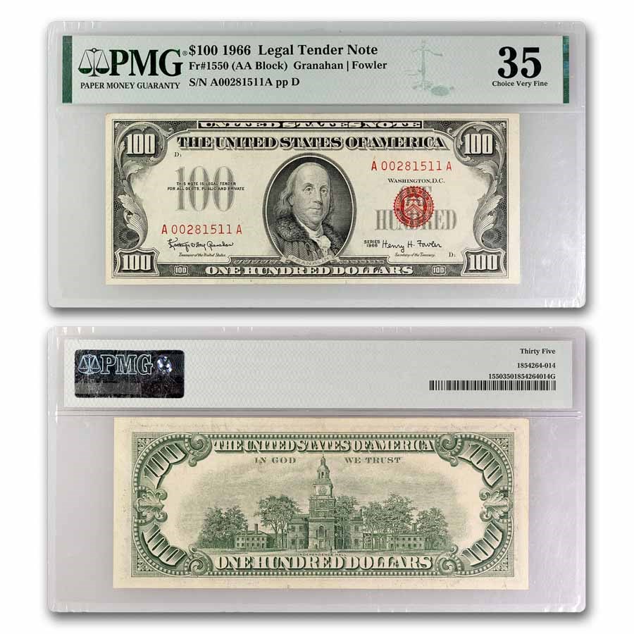 1966 $100 U.S. Note Red Seal CH VF-35 PMG (Fr#1550)