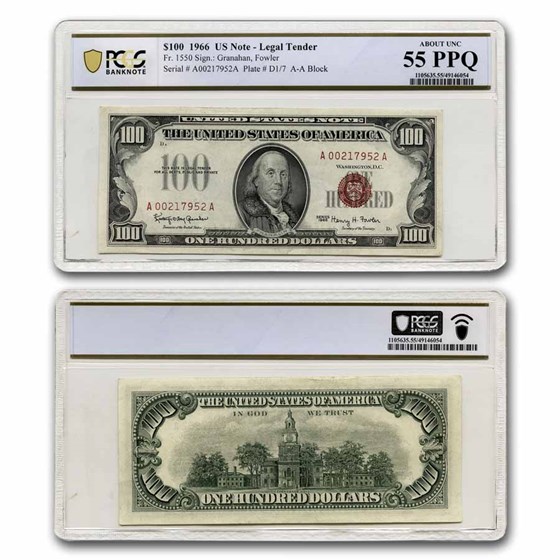 1966 $100 U.S. Note Red Seal Choice AU-55 PCGS (Fr#1550) 1966 $100 U.S. Note Red Seal Choice AU-55 PCGS (Fr#1550)
