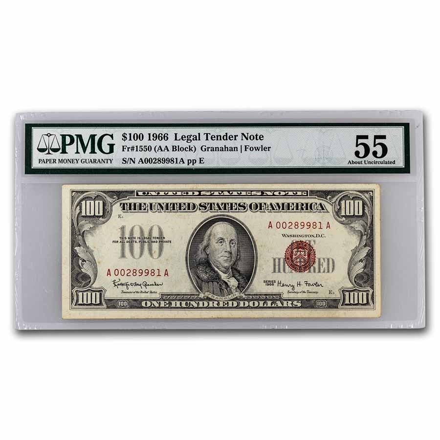 1966 $100 U.S. Note Red Seal Choice AU-55 PMG (Fr#1550)
