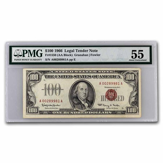 1966 $100 U.S. Note Red Seal Choice AU-55 PMG (Fr#1550) 1966 $100 U.S. Note Red Seal Choice AU-55 PMG (Fr#1550)