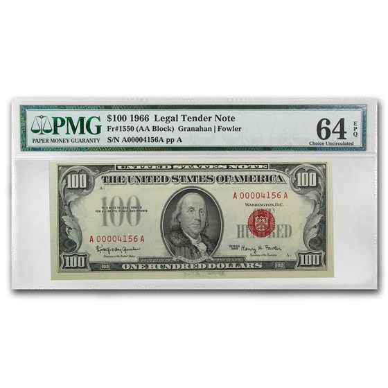 1966 $100 U.S. Note Red Seal CU-64 EPQ PMG 1966 $100 U.S. Note Red Seal CU-64 EPQ PMG