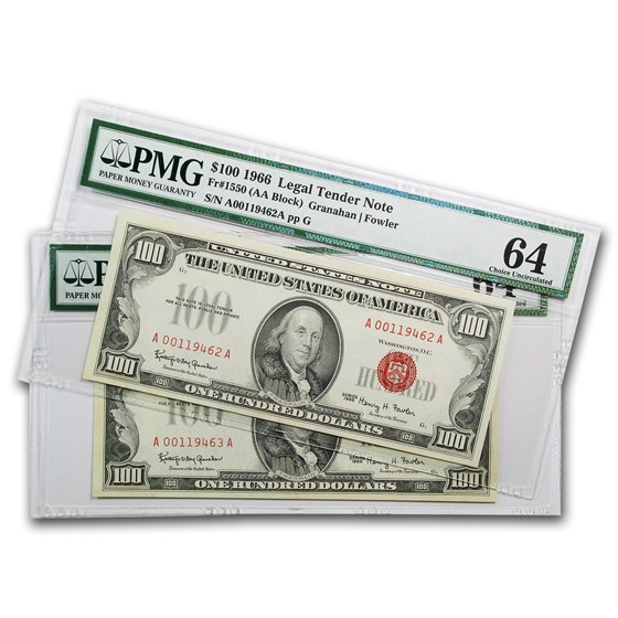 1966 $100 U.S. Note Red Seal CU-64 PMG (2 Consecutive Notes) 1966 $100 U.S. Note Red Seal CU-64 PMG (2 Consecutive Notes)