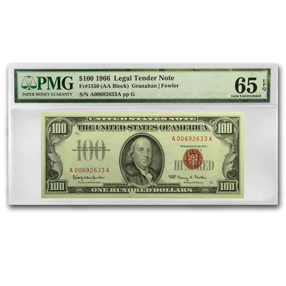 1966 $100 U.S. Note Red Seal CU-65 EPQ PMG 1966 $100 U.S. Note Red Seal CU-65 EPQ PMG