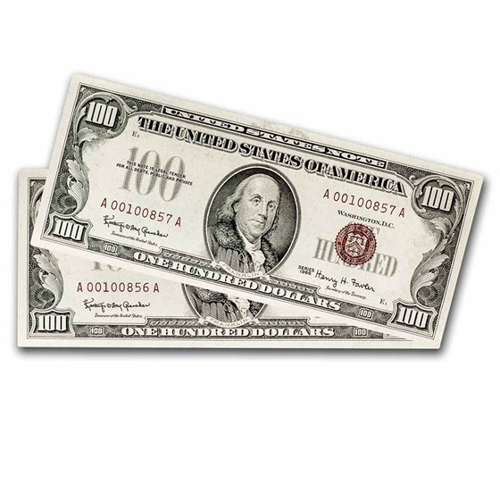 1966 $100 U.S. Note Red Seal CU (Fr#1550) 2 Consecutive 1966 $100 U.S. Note Red Seal CU (Fr#1550) 2 Consecutive