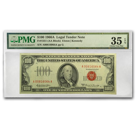 1966-A $100 U.S. Note Red Seal Very Fine-35 EPQ PMG (Fr#1551) 1966-A $100 U.S. Note Red Seal Very Fine-35 EPQ PMG (Fr#1551)